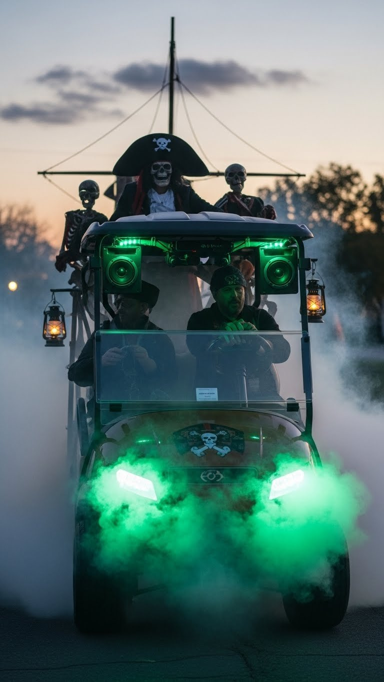 Pirate Golf Cart Emerging From Thematic Smoke With Integrated Speakers And Eerie Green Led Lighting