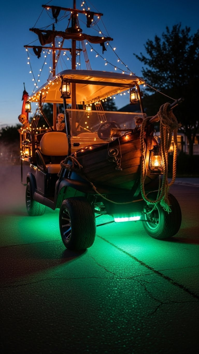 Pirate Golf Cart With Eerie Green Underglow Lighting And Fairy Lights Creating Spooky Halloween Parade Effect