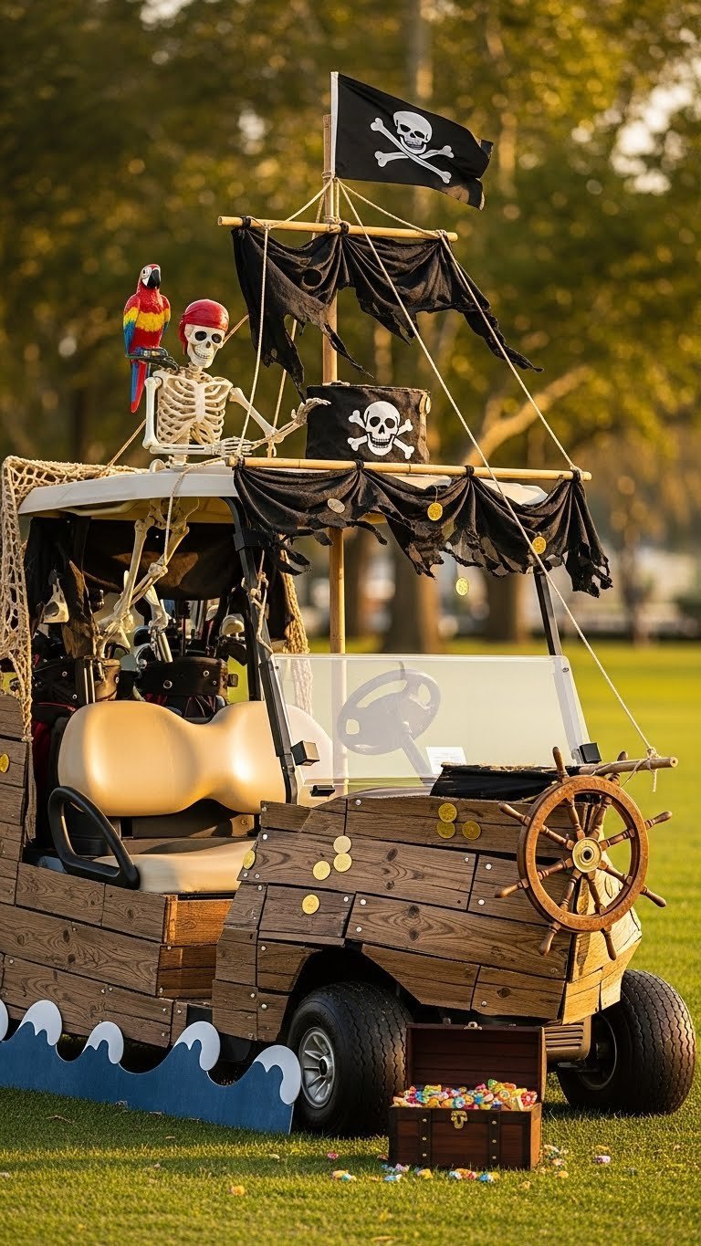 Pirate Ship Golf Cart Adorned With Cardboard Planks, Tattered Black Sails, Skull Flag, And Scattered Gold Coins On Grassy Park.