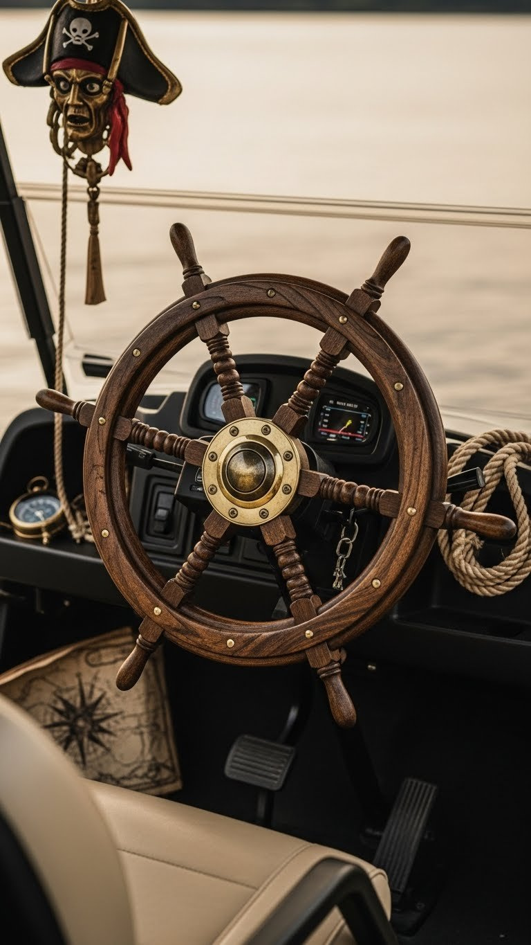 Pirate Ship'S Steering Wheel Overlay On Golf Cart Dashboard With Distressed Wood And Brass Accents