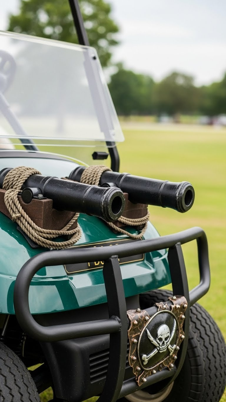 Pirate-Themed Cannons Mounted On Golf Cart Front Bumper With Distressed Black Finish And Rope Detailing
