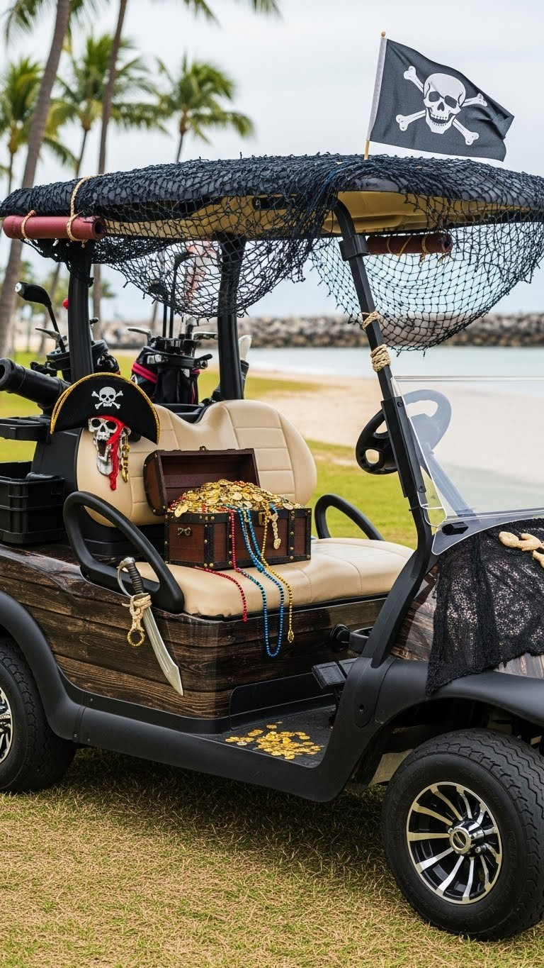 Pirate Treasure Island Themed Golf Cart With Skull Flag And Treasure Chest On Sandy Patch