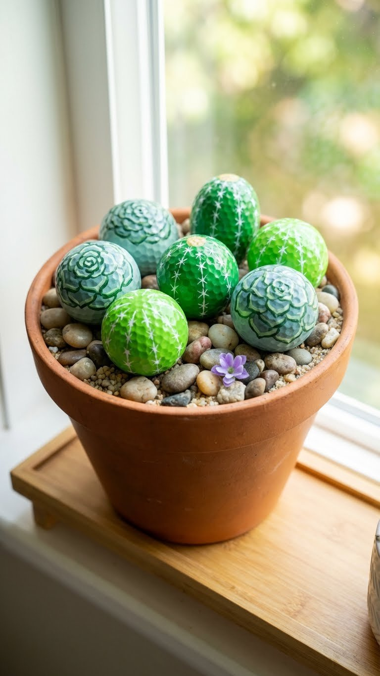 Plastic Golf Ball Cactus And Succulents In A Terracotta Pot With Pebbles, Creating A Fresh, Low-Maintenance Indoor Garden.