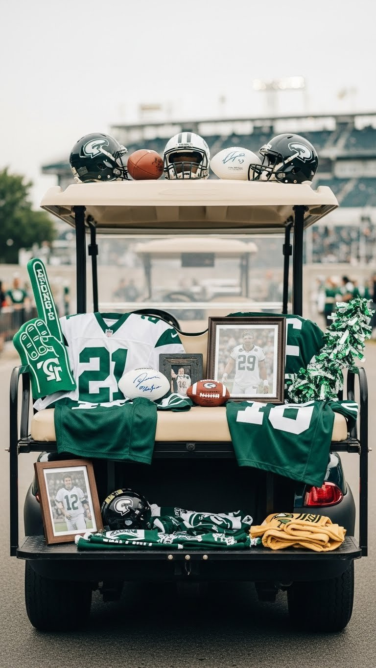 Player Tribute Golf Cart Rear Bench Displaying Sports Jerseys And Team Memorabilia At Tailgate Event