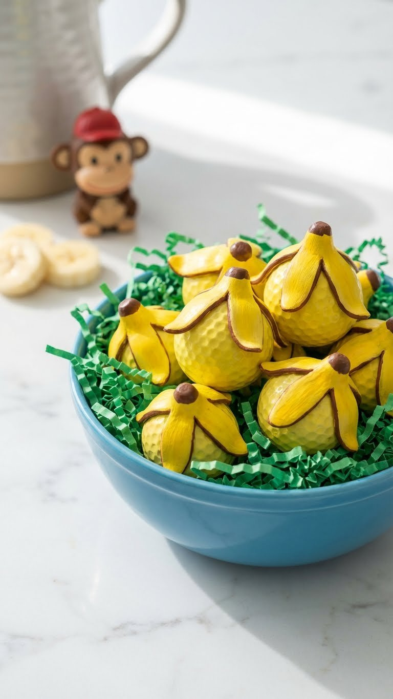 7 Creative Fruit Golf Ball Crafts: Easy Diy Ideas Playful Banana Peel Golf Balls In A Blue Bowl With A Toy Monkey, Evoking Whimsical Fruit Designs In A Kitchen.