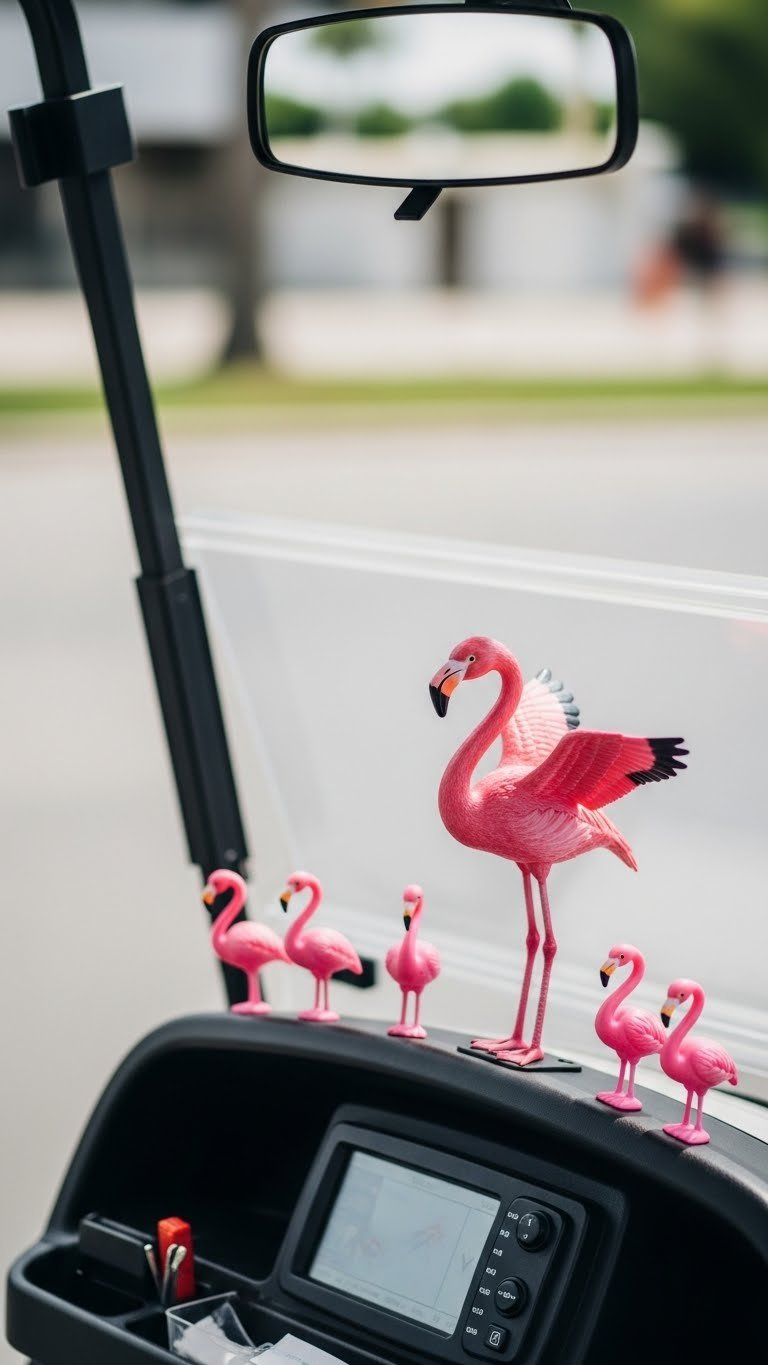 Playful Flamingo Bobbleheads And Animated Flamingo With Moving Wings Mounted On Golf Cart Dashboard