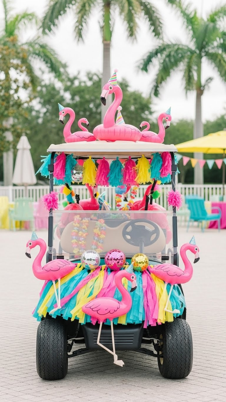 Playful Flamingo-Themed Golf Cart With Inflatable Birds And Colorful Party Decorations In Festive Setting