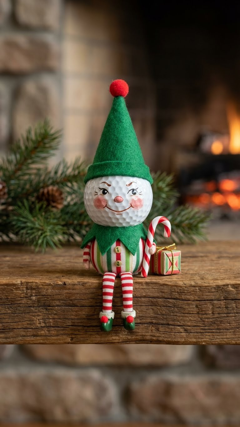 Golf Ball Christmas: 9 Genius Diy Ornament Ideas Playful Golf Ball Elf Ornament With A Pointed Felt Hat, Rosy Cheeks, And Mischievous Eyes On A Minimalist Snowy Background.
