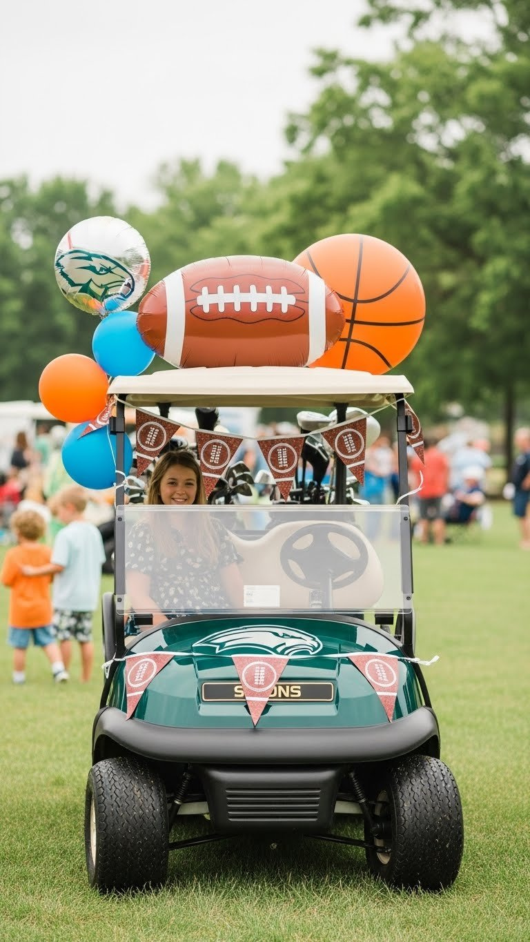 Playful Golf Cart Featuring Oversized Inflatable Sports Props And Mascot Figures At Community Park