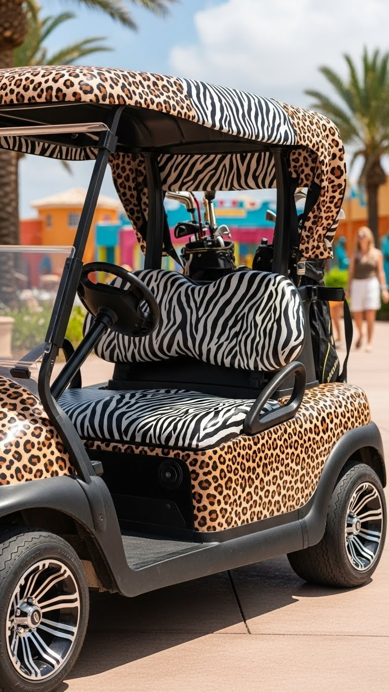 Playful Golf Cart With Leopard Print Animal Vinyl Wrap In Resort Setting With Matching Accessories