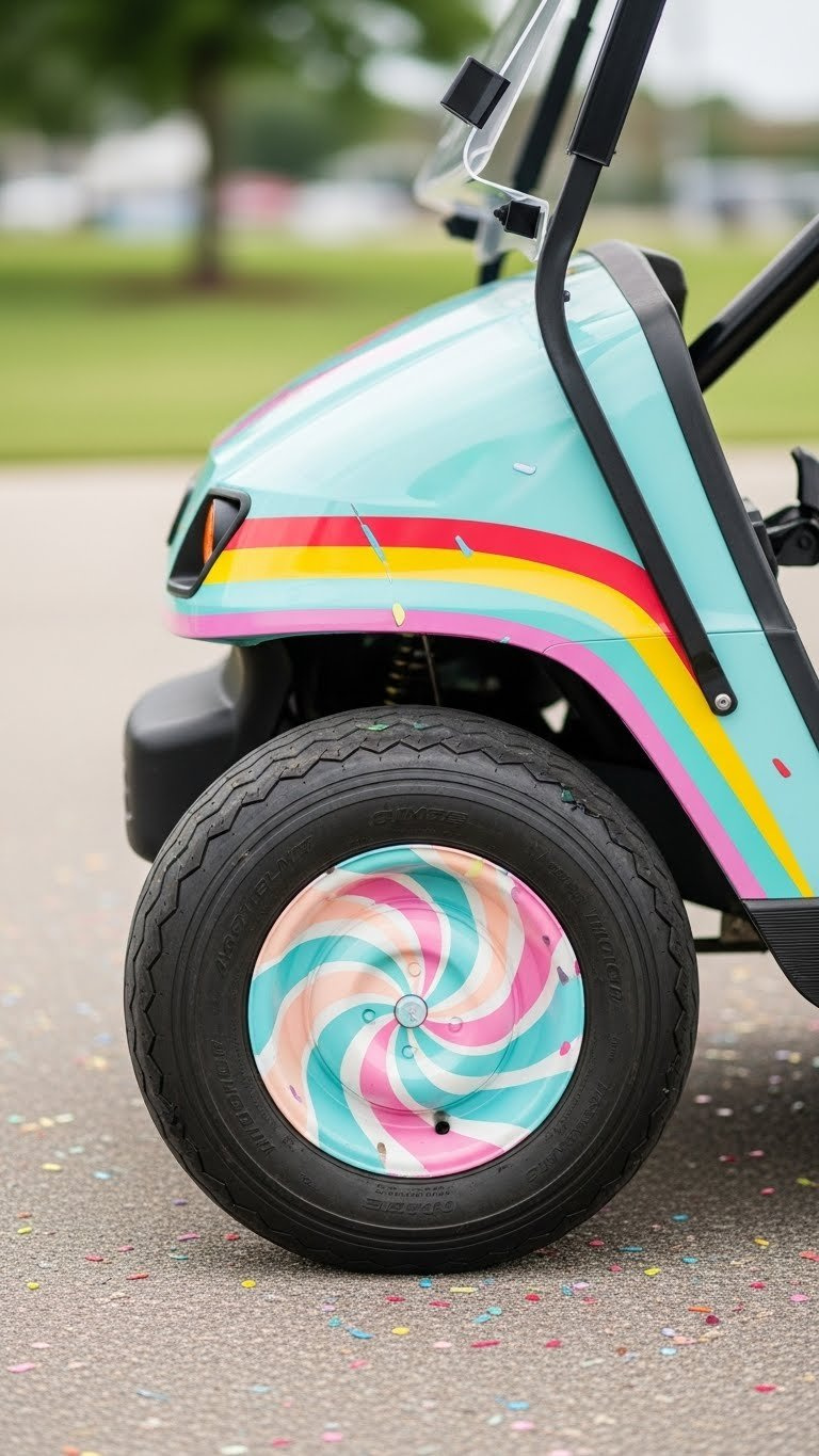 Playfully Decorated Golf Cart Wheel Covers With Ice Cream Swirl Patterns And Colorful Trim On Clean Paved Surface.