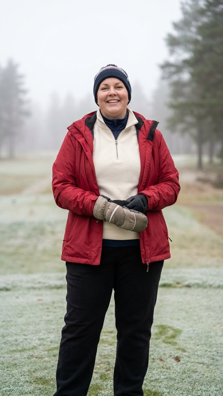 Golfing Outfits For Women Plus Size Master Effortless Style Plus-Size Woman In Layered Winter Golf Outfit, Red Jacket, Black Pants, Holding Mitts On Misty Course. Cold Weather Golf.