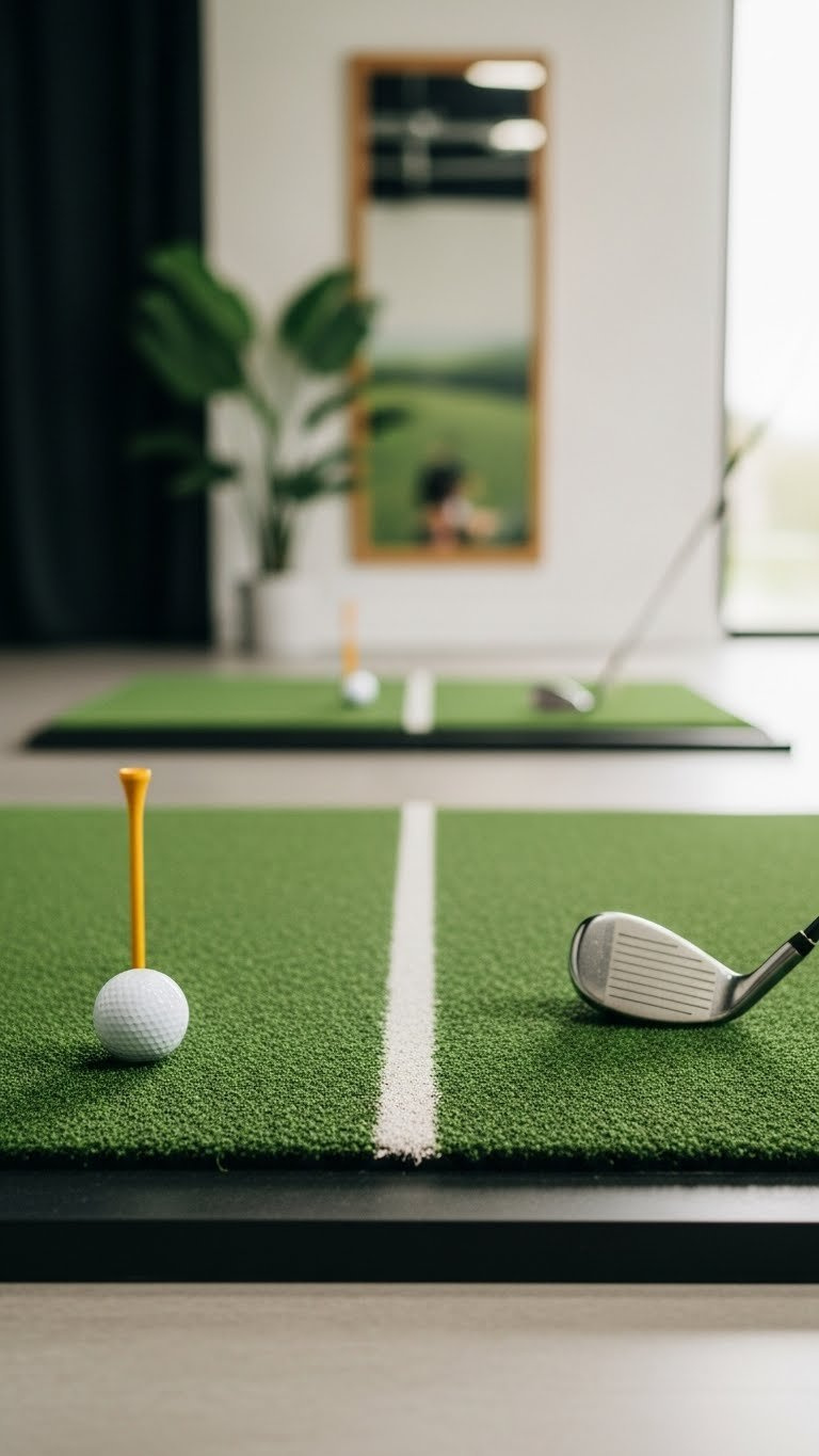 Plush Durable Golf Hitting Mat With Realistic Turf Texture And A Tee Line, With Golf Balls And A Club In A Home Simulator.