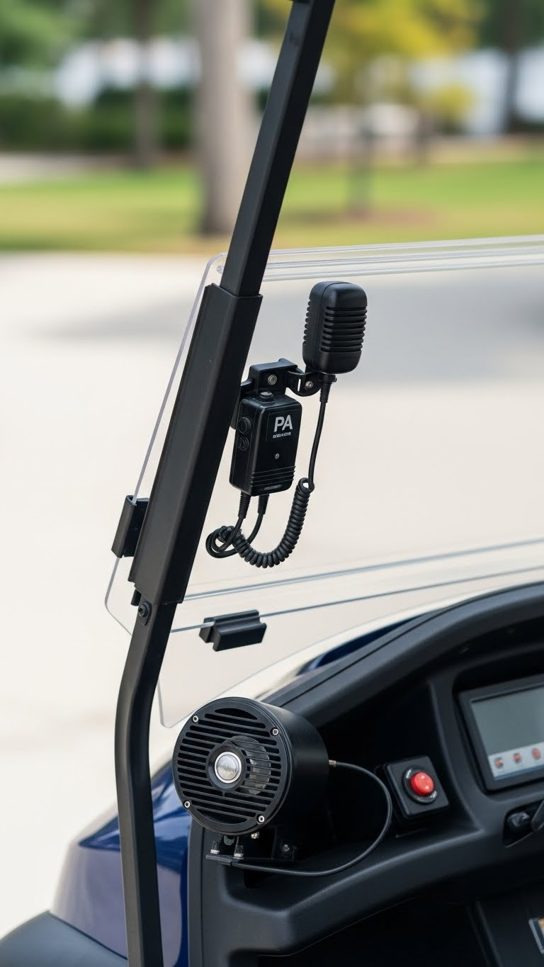 Police Golf Cart Front Featuring Weatherproof Siren Speaker And Dashboard Microphone With Emergency Red Button