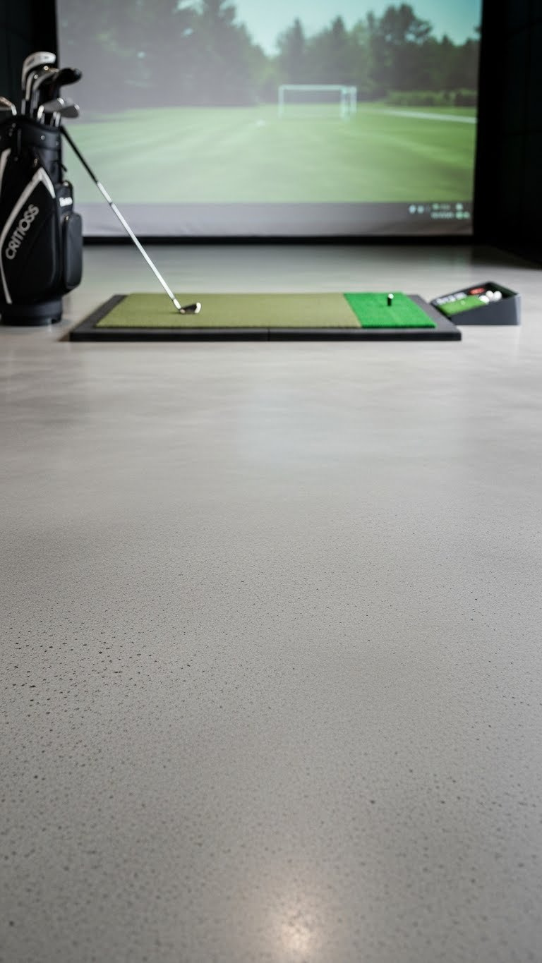 9 Essential Industrial Golf Simulator Room Ideas Polished Concrete Floor With Golf Hitting Mat In Bright Industrial Golf Simulator Room Setting