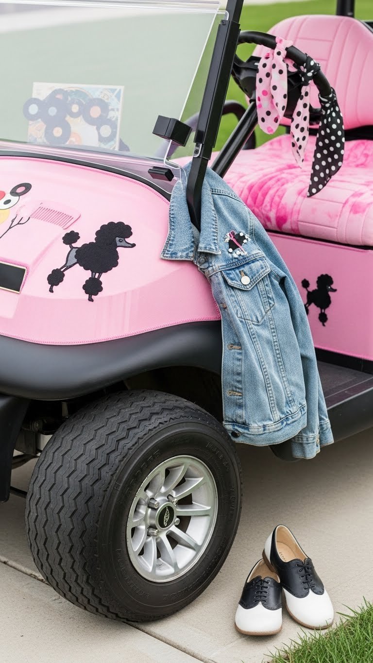 Poodle Skirt And Greaser Style Golf Cart With Pink Felt Panel, Black Poodle Silhouette, And Vintage Fashion Accents