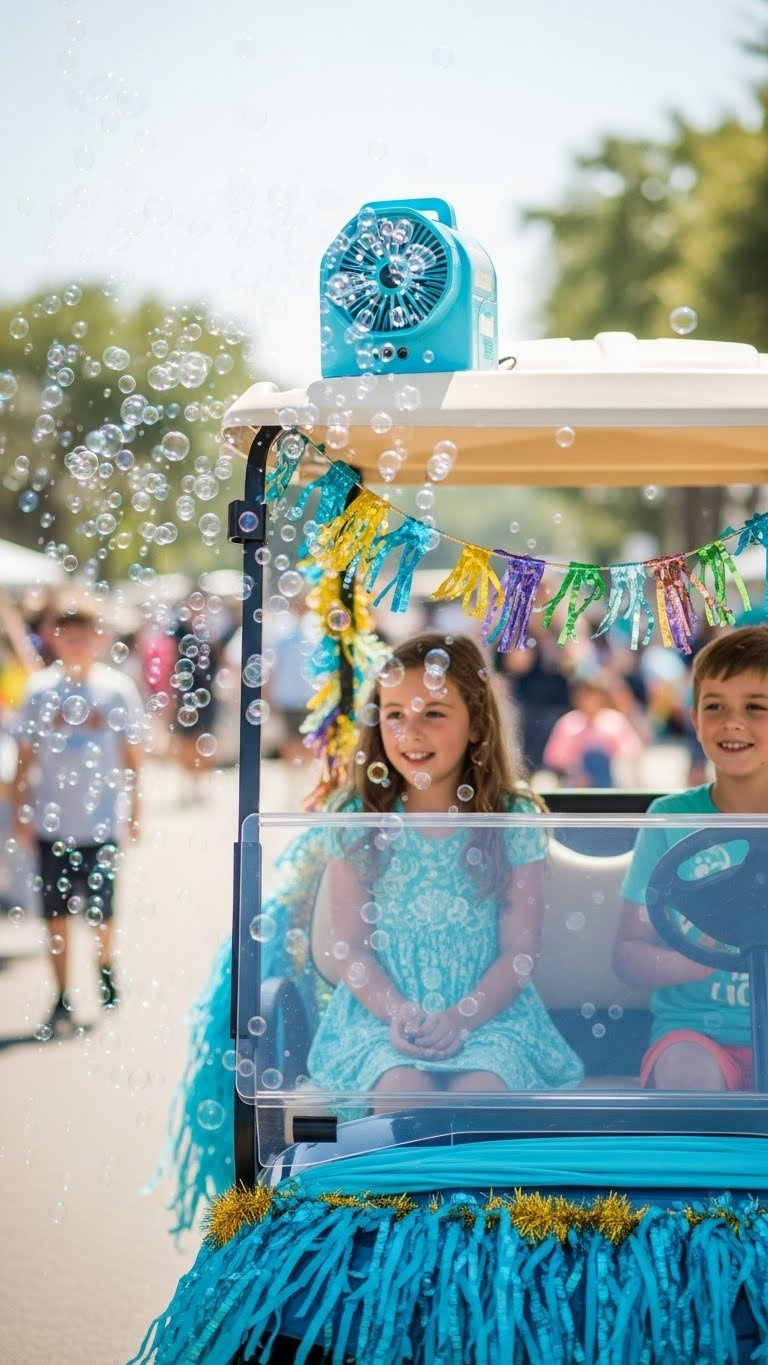 Portable Bubble Machine Mounted On Golf Cart Producing Shimmering Bubbles For Underwater Parade Effect