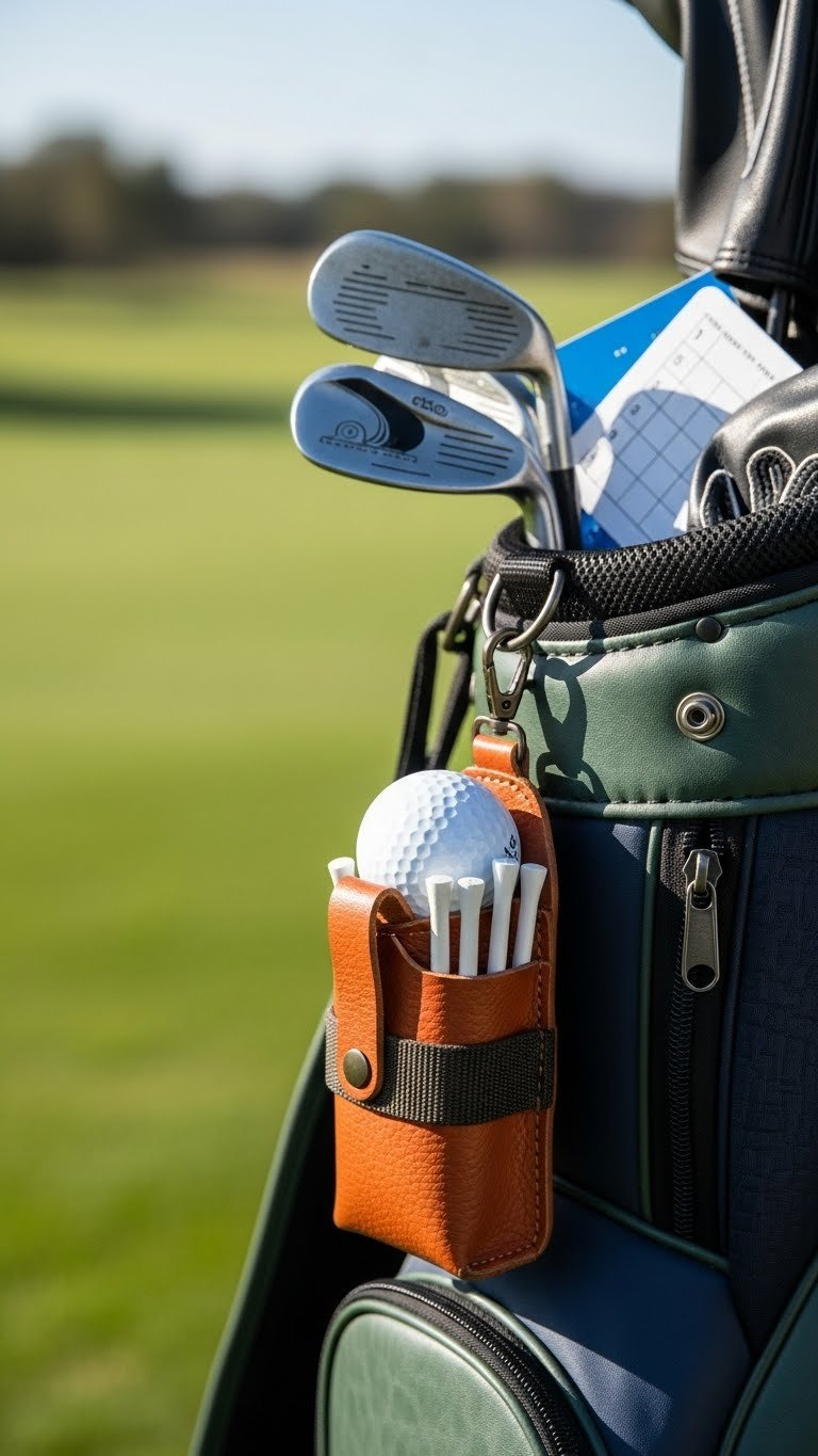 Portable Leather Golf Ball And Tee Pouch Attached To Golf Bag With Functional Design For Easy Course Access In Earthy Colors.