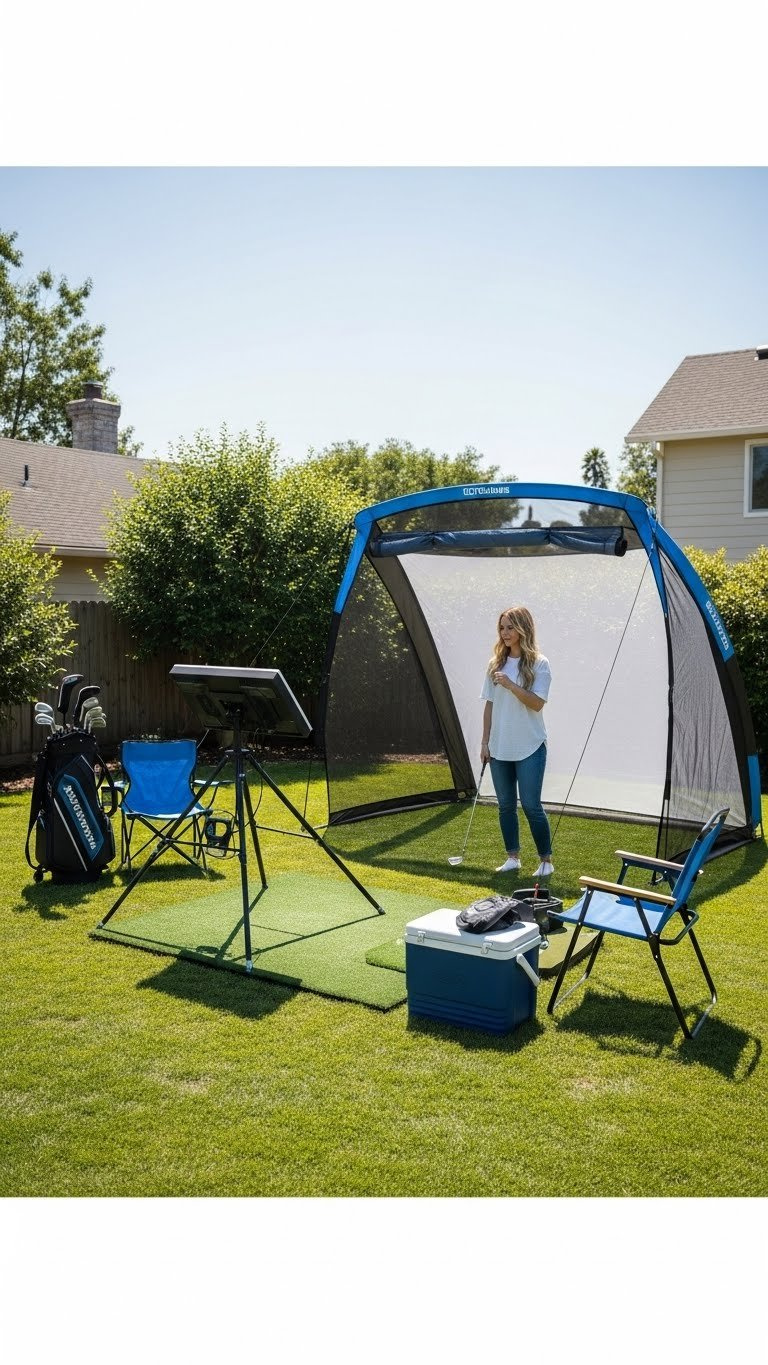 9 Essential Outdoor Golf Simulator Room Designs Portable Outdoor Golf Simulator Features A Foldable Frame, Roll-Up Impact Screen, And A Launch Monitor.