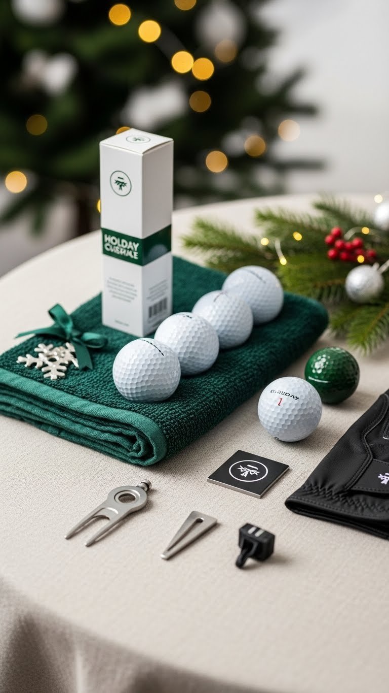 Premium Golf Ball And Accessory Bundle Arranged In Flat Lay Composition With Christmas Decor