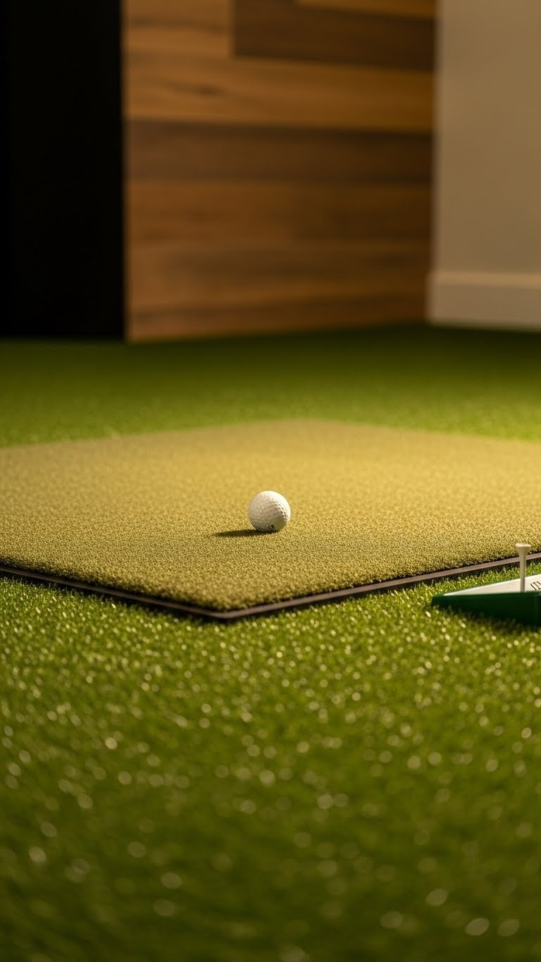 Premium Golf Hitting Mat Integrated With Artificial Turf Flooring, Featuring Lush Green Textures And Resting Golf Ball.