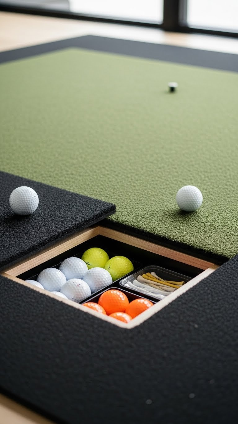 Premium Golf Hitting Mat With Hinged Corner Revealing Hidden Storage Compartment For Organized Golf Balls And Tees Beneath