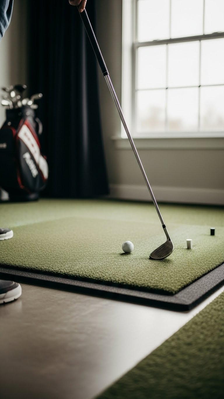 Golf Simulator Room Small Space Complete Setup Guide Premium Golf Hitting Mat With Realistic Turf Texture In Compact Simulator Setup With Golf Ball