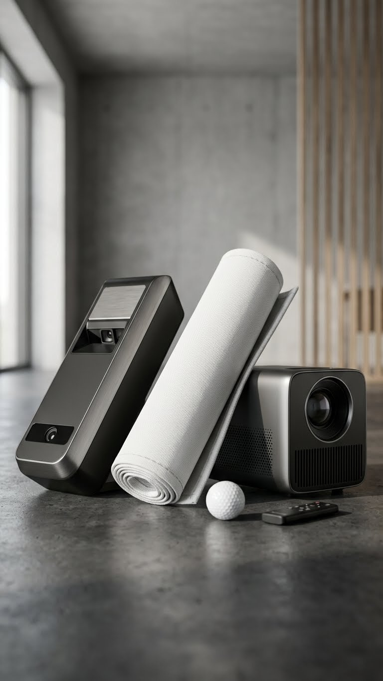 Premium Golf Simulator Components: Launch Monitor, Rolled Impact Screen, And Projector, Artfully Arranged On A Dark Surface With A Golf Ball.