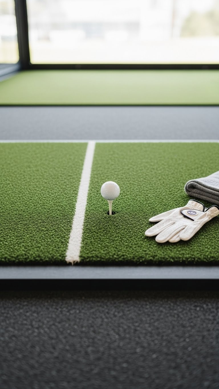 Premium Green Golf Hitting Mat With A White Tee Line, A Golf Ball On A Tee, And A New Golf Glove.