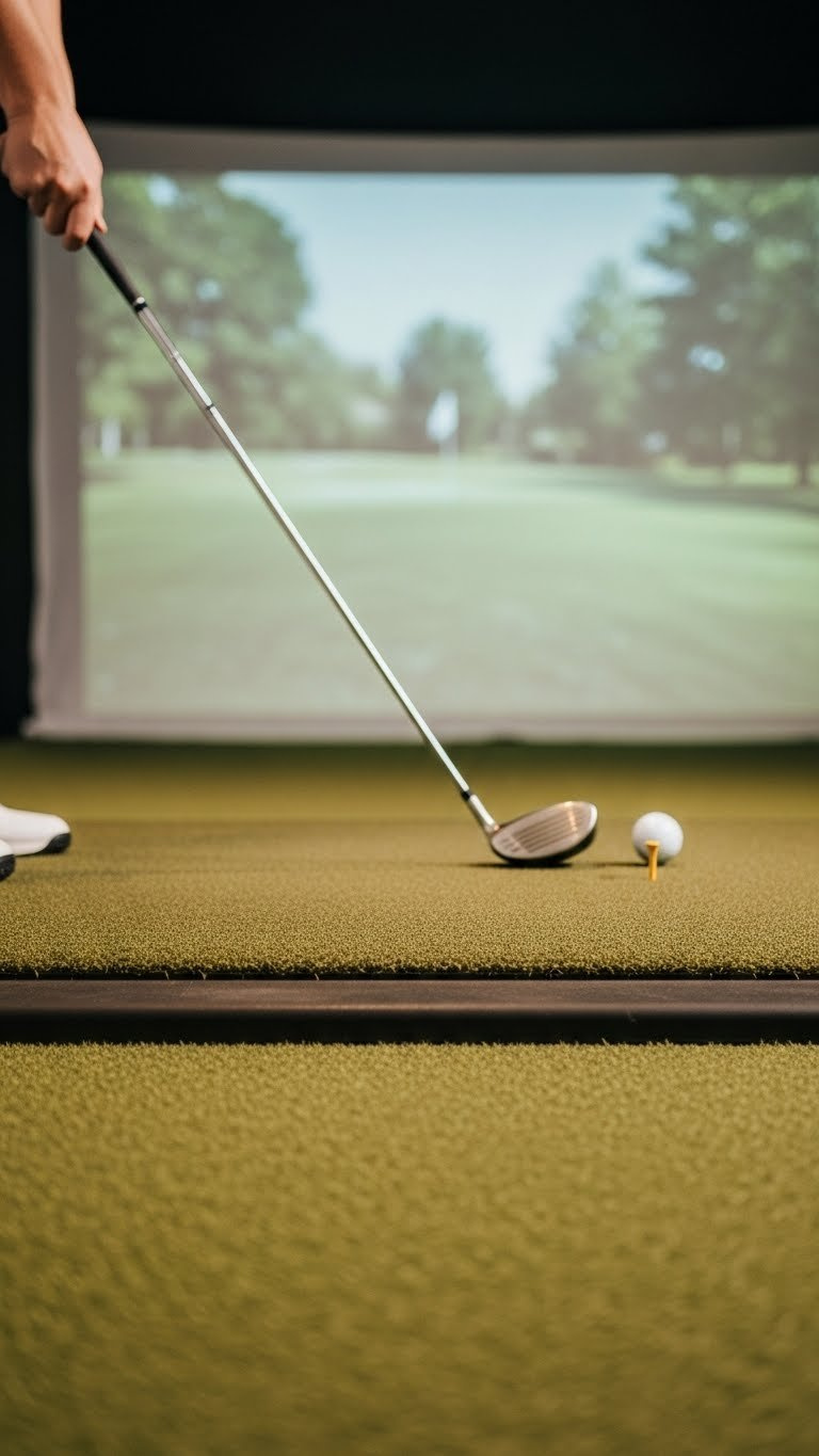 Premium Multi-Layer Golf Hitting Mat With Realistic Turf Texture, Golf Ball, And Tee, Integrated Into A Home Golf Simulator.