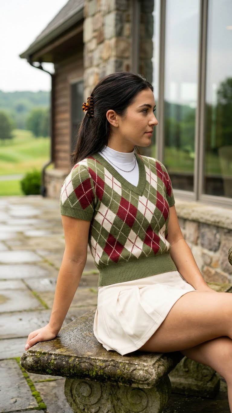 Preppy Y2K Female Golfer In Argyle Sweater Vest, Mock-Neck Top, Pleated Skort On A Stone Bench Near A Golf Clubhouse.