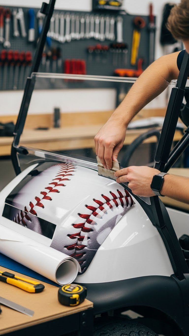 Professional Baseball Golf Cart Wrap Installation Showing Vinyl Application With Squeegee In Workshop Setting With Vibrant Baseball Graphics