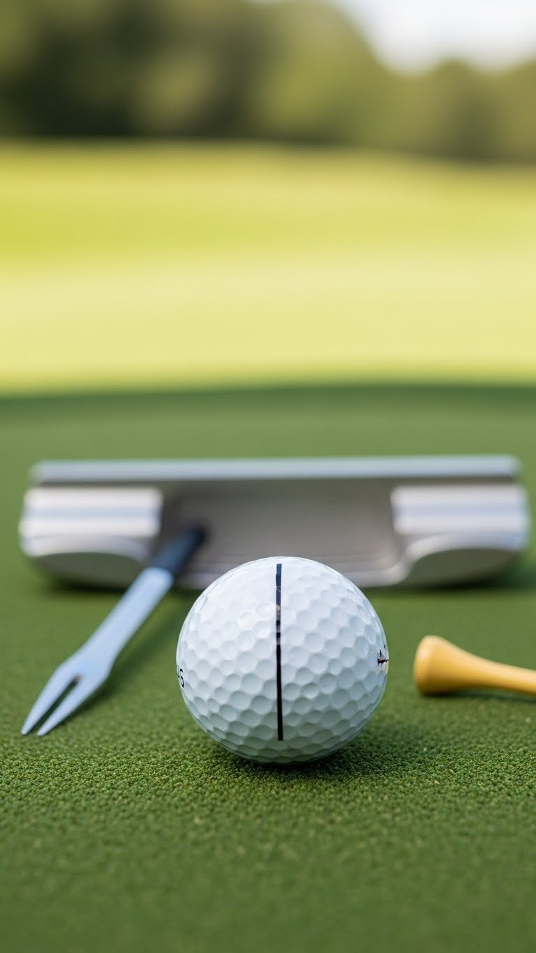 Professional Close-Up Of A White Golf Ball With Crisp Black Alignment Line On Green Putting Mat Against Soft Bokeh Background.