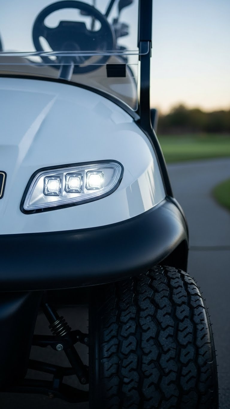 Professional Close-Up Of Golf Cart Led Headlights And Taillights Illuminated Against Blurred Golf Course Background