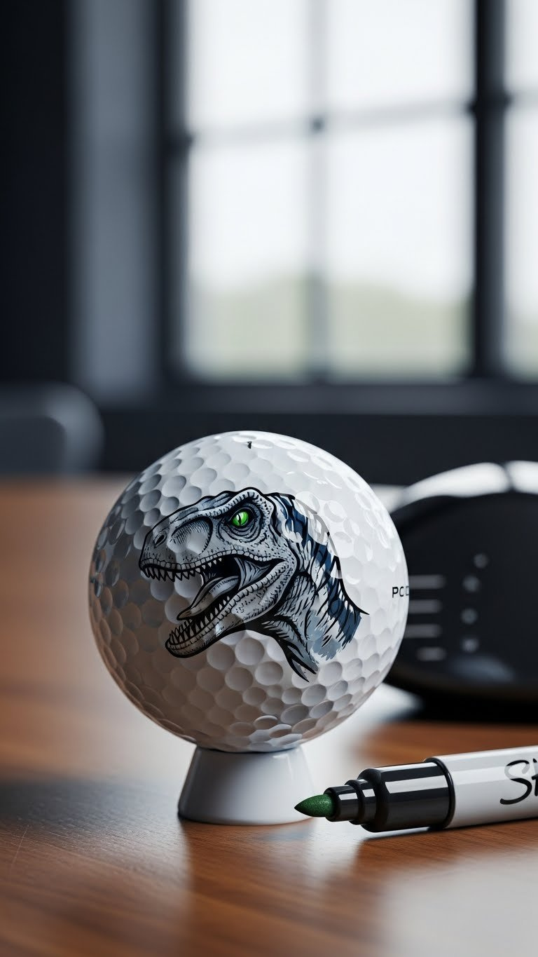 Professional Close-Up Photograph Of Golf Ball Featuring Velociraptor Silhouette Drawn In Sharpie Ink On Polished Wooden Surface With Minimalist Studio Background.
