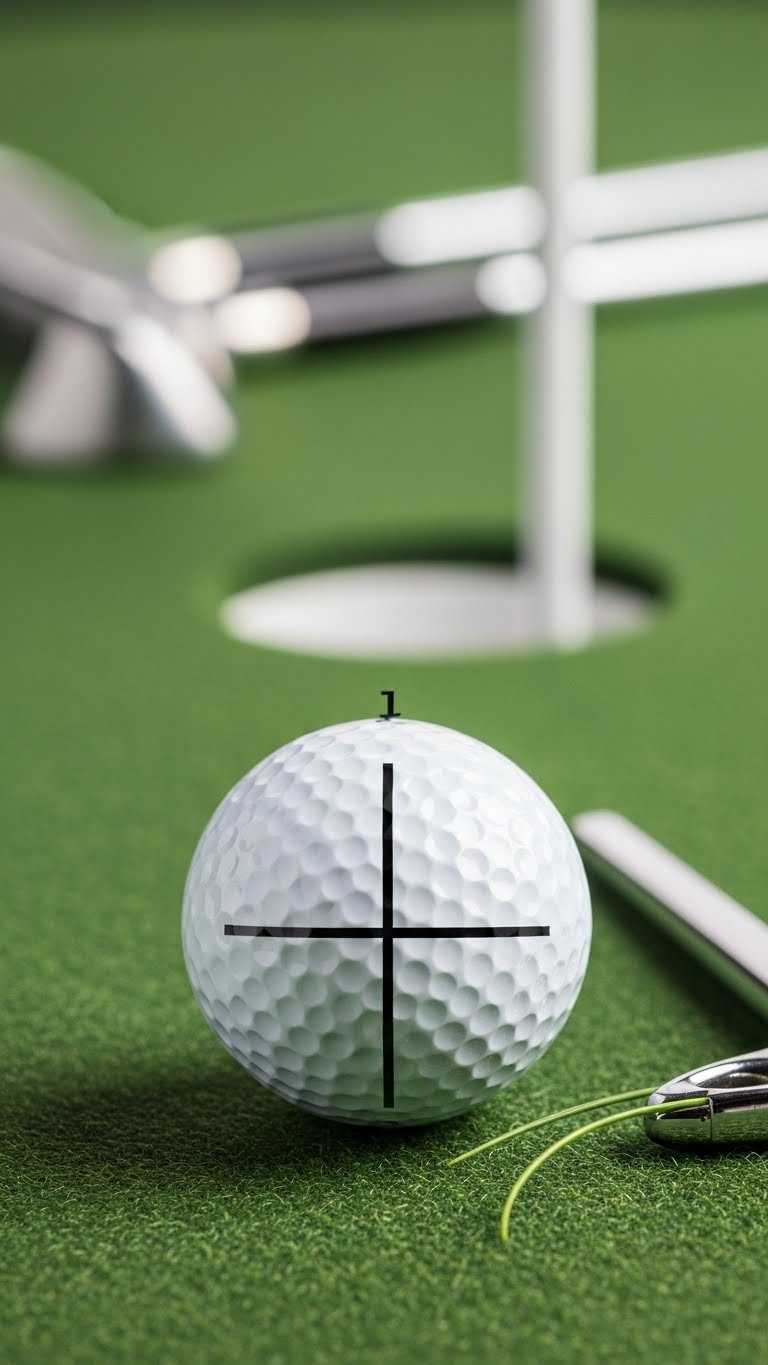 Professional Golf Ball With Precise Black Alignment Line On Putting Green Felt For Accurate Putting Alignment