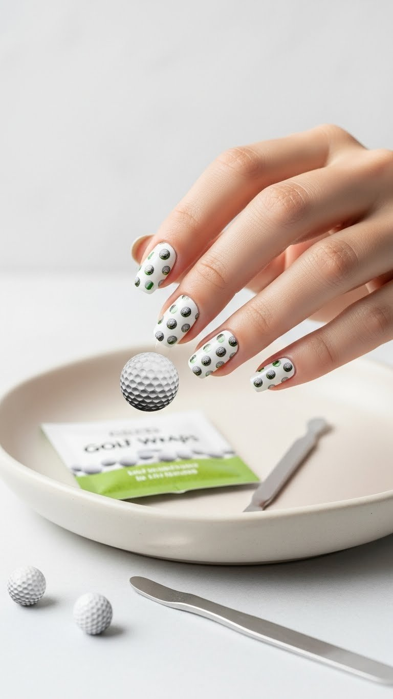 Professional Golf Nail Wraps Applied To Hand With Glossy Finish And Golf-Themed Patterns On Ceramic Dish