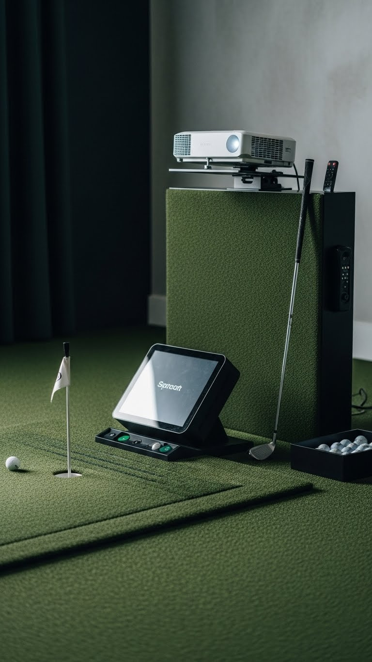 Professional Golf Simulation Setup With Launch Monitor, Impact Screen, And Short-Throw Projector On Turf Mat