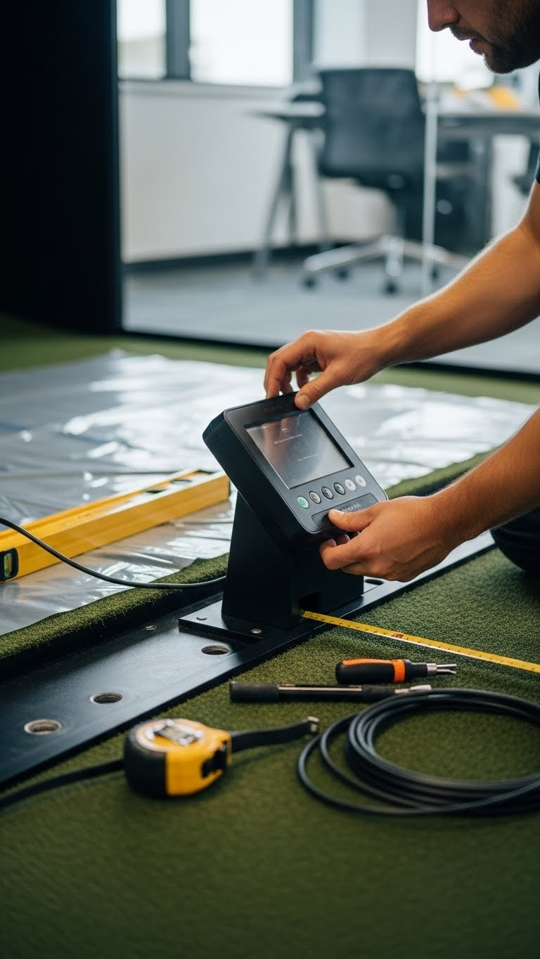 Professional Golf Simulator Installation With Technician Calibrating Launch Monitor In Modern Office Setup Environment.