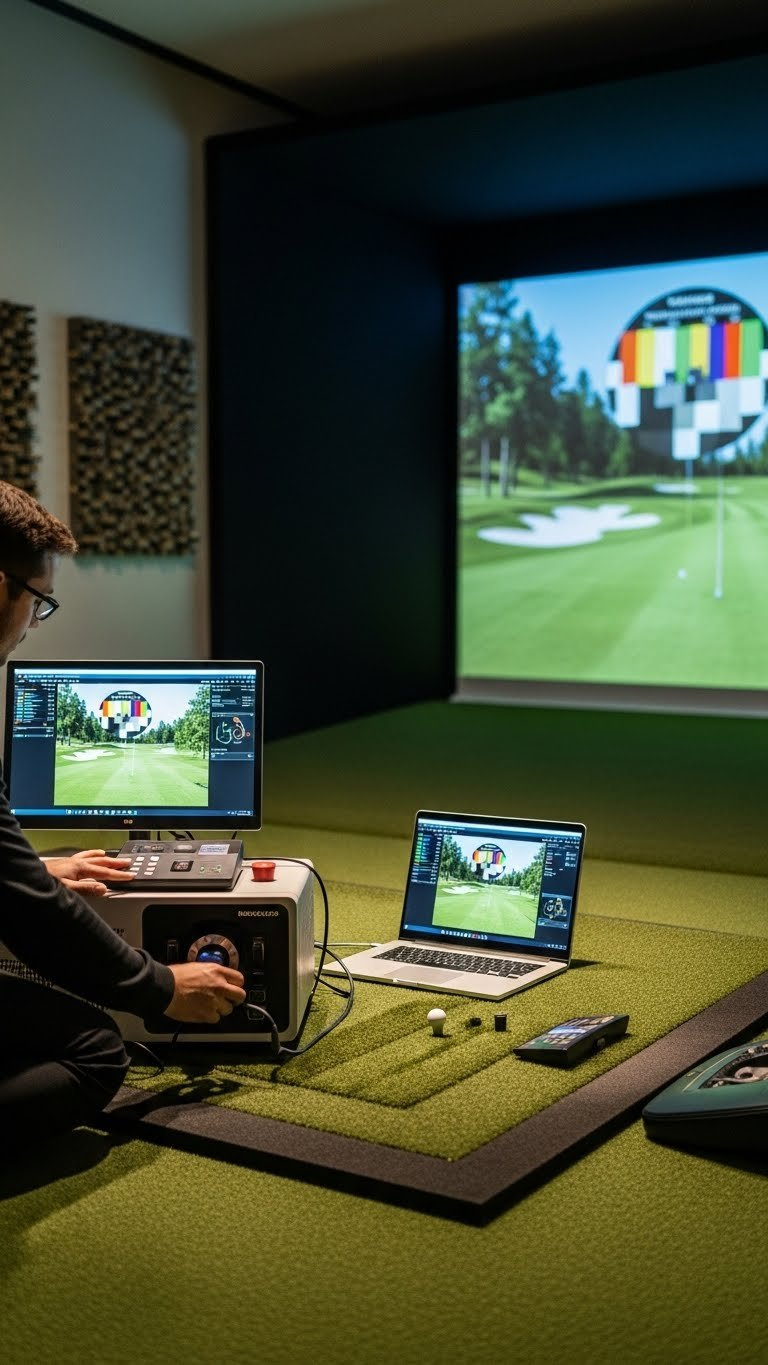 Professional Golf Simulator Setup Undergoing Final Calibration With Projector Testing On Impact Screen