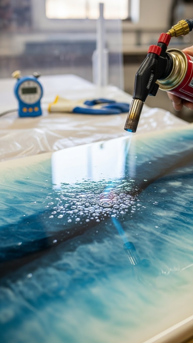 Professional Using Blowtorch To Remove Air Bubbles From Freshly Poured Epoxy Table Surface