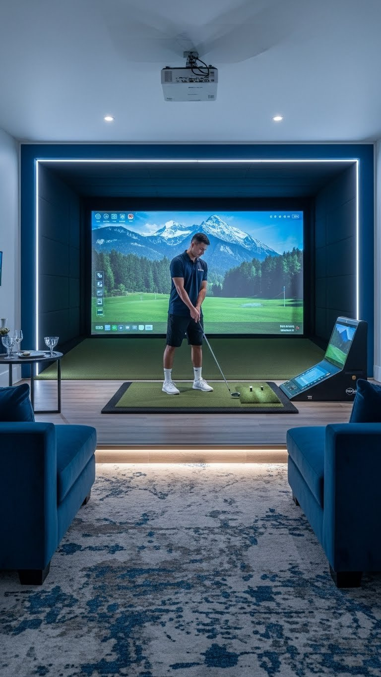 Professionally Finished Golf Simulator Room With Seamless Wall-To-Wall Padding And Integrated Lighting System