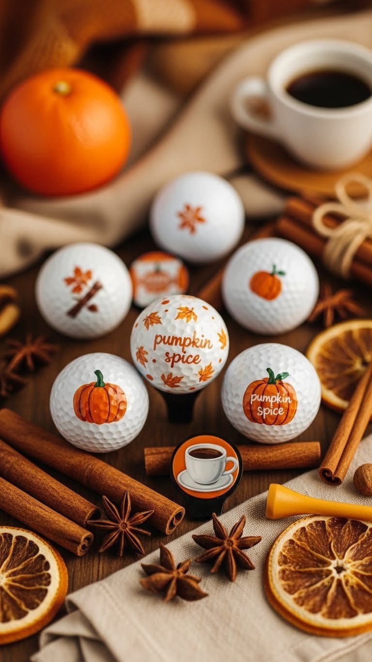 Pumpkin Spice Themed Golf Ball Markers With Cinnamon Stick Patterns On Autumn Spice Arrangement