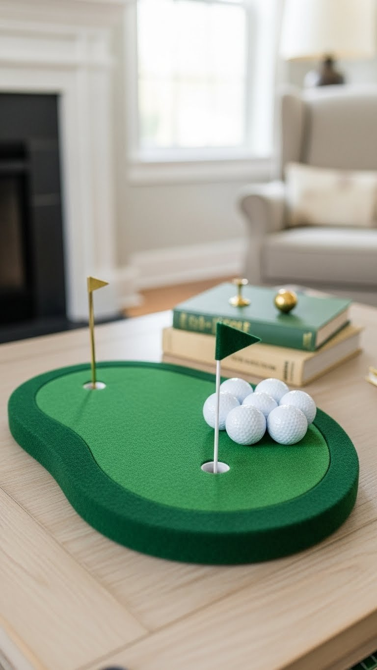 Putting Green Shaped Golf Ball Holder With Dark Green Felt And Flag Holding 6-8 Balls Around Miniature Hole