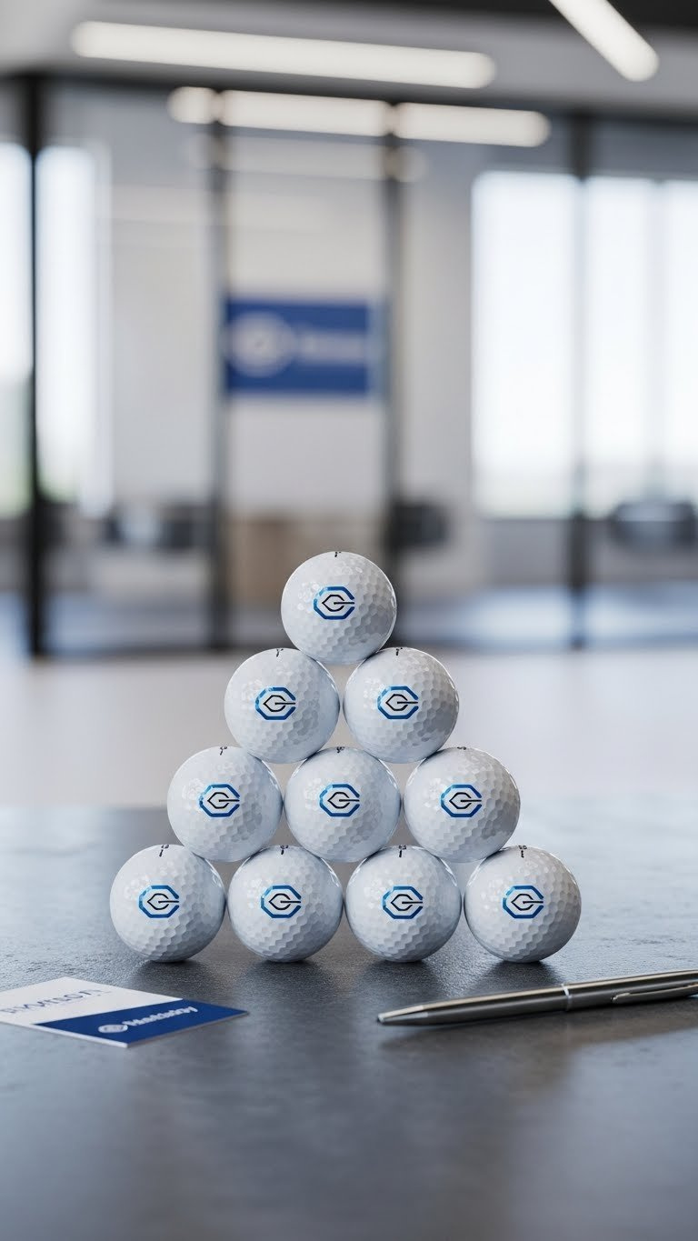 Pyramid Of Twelve White Corporate Logo Golf Balls Neatly Arranged On Polished Presentation Surface