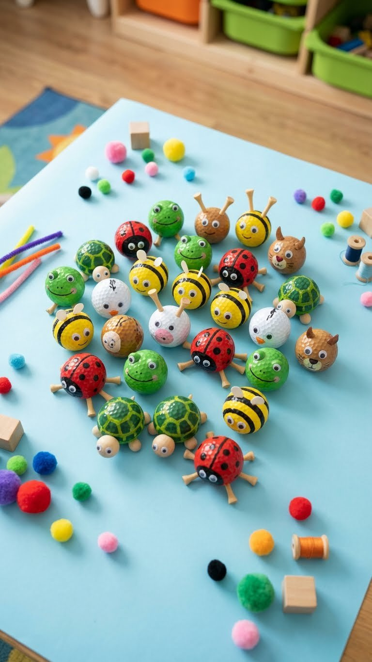 Quirky Golf Ball Animal Characters With Golf Tee Limbs And Googly Eyes On A Blue Craft Surface In A Child'S Playroom.