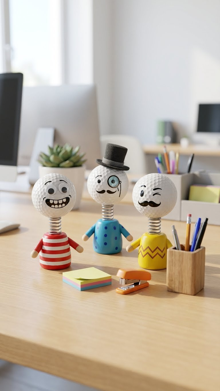 7 Easy Funny Golf Ball Crafts: Quirky Diy Projects Quirky Golf Ball Bobbleheads With Wobbly Necks Arranged On Light Desktop Surface Alongside Office Supplies Like Staplers And Sticky Notes