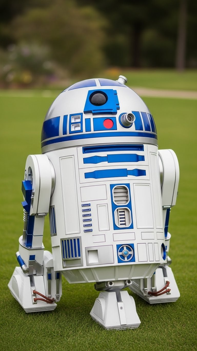 R2-D2 Droid Golf Cart With Domed Head And Blue-White Color Scheme On Manicured Green Lawn