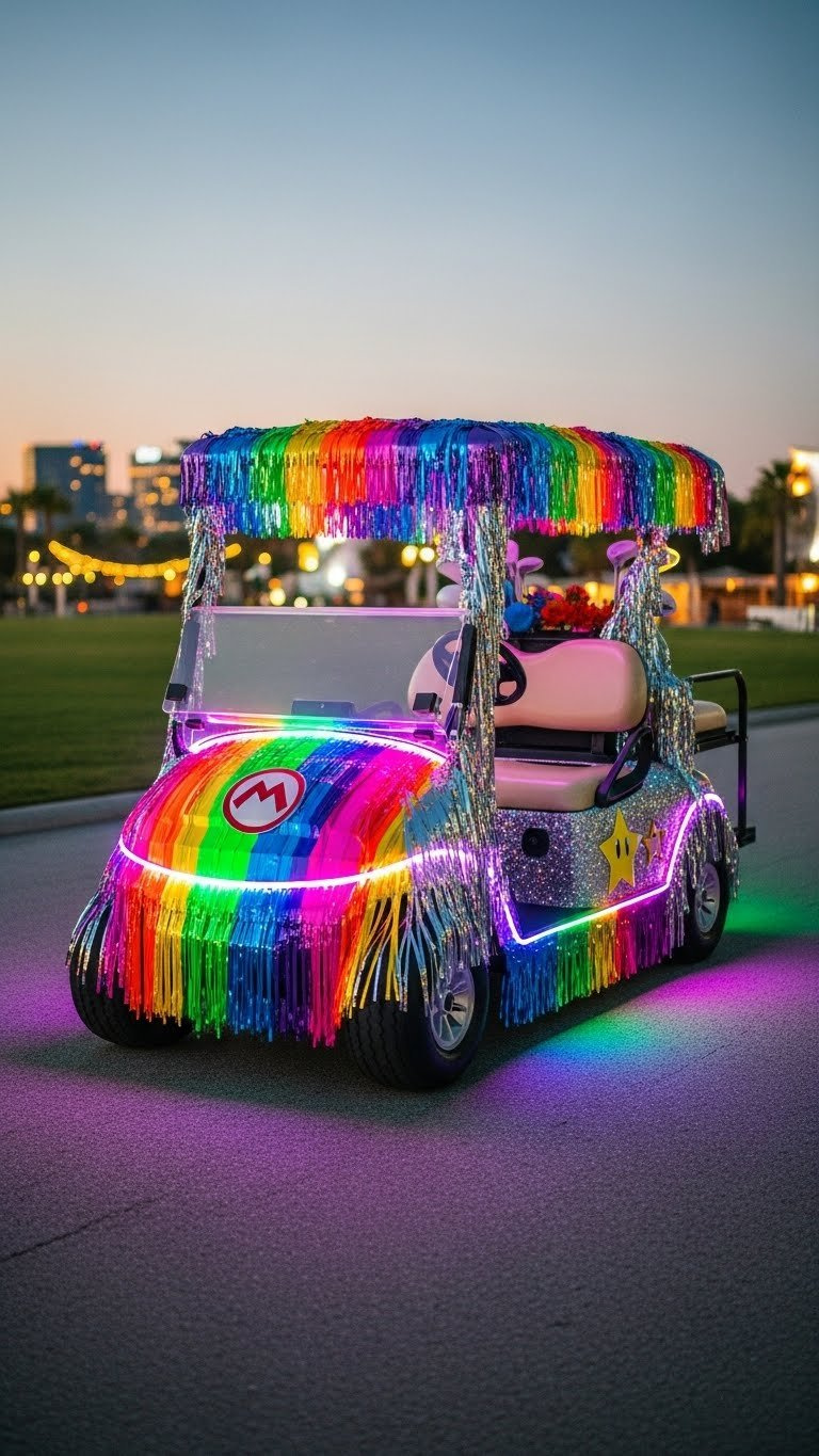 Rainbow Road-Themed Golf Cart With Shimmering Iridescent Streamers And Led Lights Against Softly Blurred Evening Cityscape Background