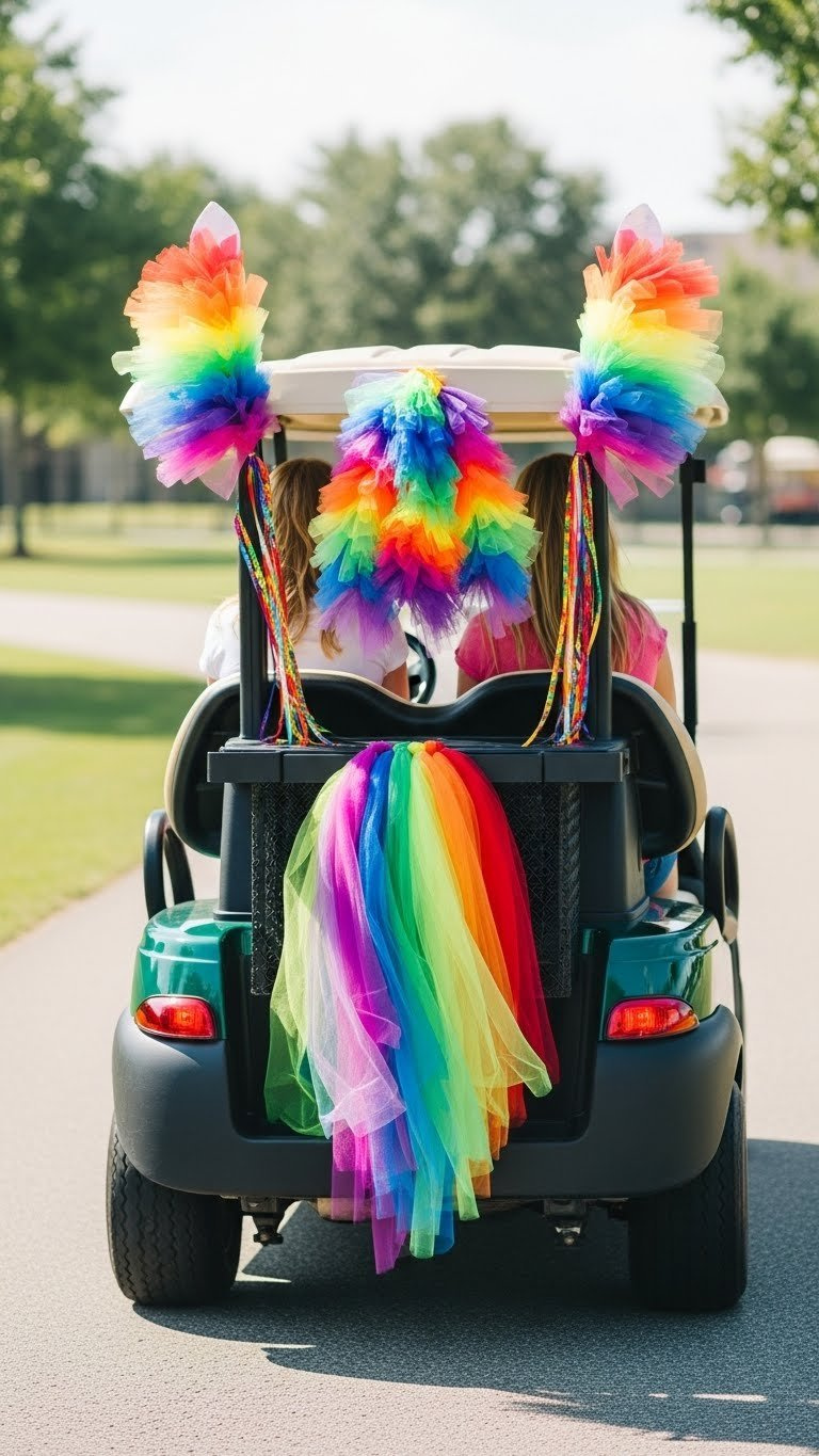 Rear-Side View Of Golf Cart With Flowing Rainbow Mane And Colorful Tulle Tail In Community Park Setting